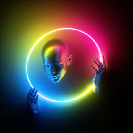 3d render, abstract modern minimal concept. Mannequin body parts, bald head, woman face, hands holding ring. Portrait inside colorful neon round frame, glowing lightの写真素材