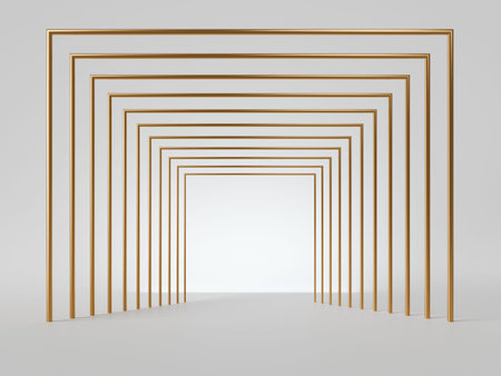 3d render, abstract minimal art deco geometric background. Isolated golden lines, empty corridor perspective view. Blank square frame with copy spaceの写真素材