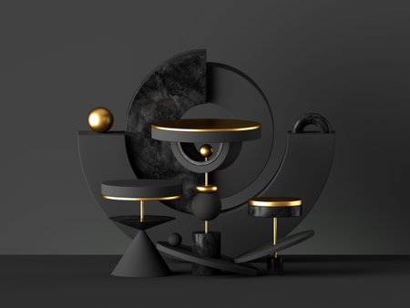 3d abstract black gold background. Black gold isolated primitive geometrical shapes. Cone ball cylinder torus, blank pedestal or podium. Constructor toys. Digital design, modern urban conceptの写真素材