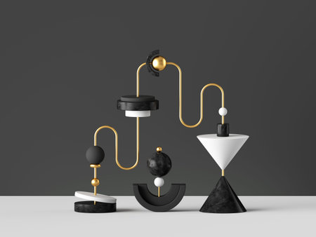 3d render, abstract modern minimal background with golden and white elements. Primitive isolated...