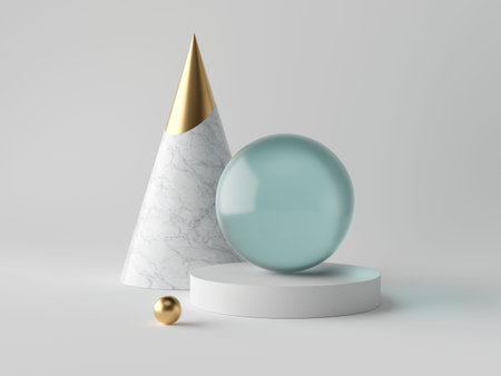 3d abstract simple geometric shapes on white background, marble cone, blue glass aquamarine sphere,...
