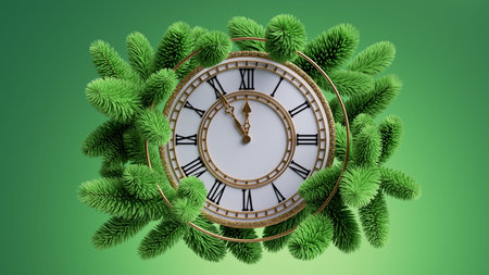 3d render, vintage round clock decorated with green fir tree twigs, five minutes left before the New...