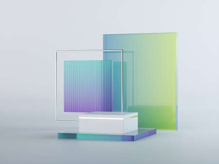 3d render, abstract geometrical background with blue green translucent square glass. Modern minimal showcase mockup. Vacant pedestal, empty podium, stage platform for commercial product displayingの写真素材