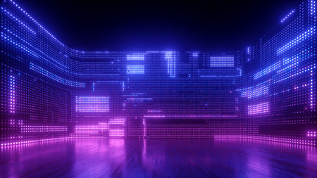 3d render, abstract futuristic ultraviolet background with cyber screen and glowing neon lightsの写真素材