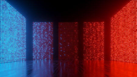 3d render, abstract background with neon panels glowing in the dark, red blue gradient