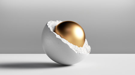 3d render, abstract modern minimal background with golden ball inside the broken white stone hemisphereの写真素材