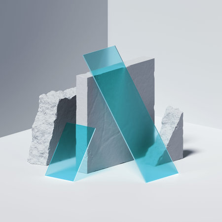3d render, abstract geometric background with white concrete blocks, broken stone ruins and blue...