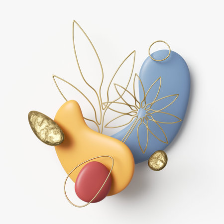 3d render, modern minimal arrangement with assorted geometric shapes and abstract leaves line art...