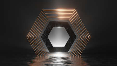 3d render, abstract geometric background. Modern minimal showcase for product presentation, simple dramatic scene with shiny golden frames, marble hexagon and reflections in the waterの写真素材