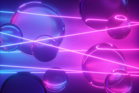3d render, abstract neon background with glass balls and laser rays. Glowing light and translucent...