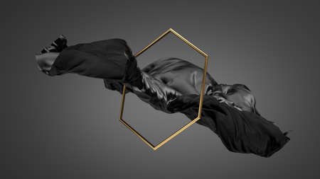 3d render, abstract dramatic fashion wallpaper. Modern minimal composition with black silk fabric, cloth drapery flying through golden hexagonal frame, isolated on dark backgroundの写真素材