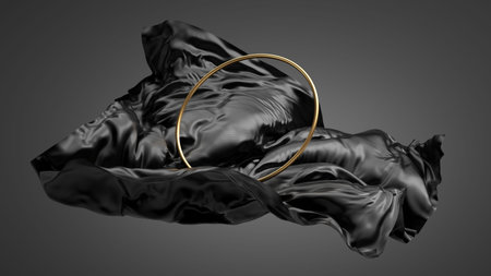 3d render, abstract modern minimal background. Black silk drapery and golden round frame. Primitive geometric shapes isolated on darkの写真素材