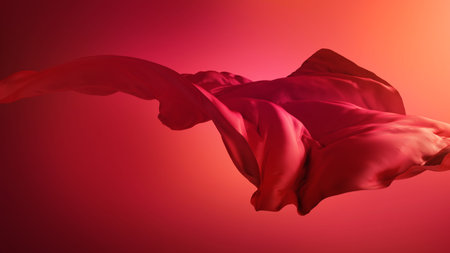 3d render. Abstract fashion background with silk cloth. Dramatic scene with red drapery blown away by the windの写真素材