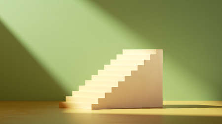3d render. Simple stairs and steps in empty room with green wall illuminated with bright sunlight. Minimal scene for product presentationの写真素材