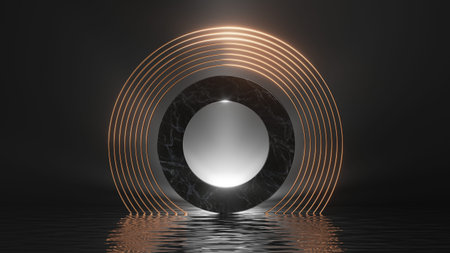3d render, abstract black background. Modern minimal showcase for product presentation, simple scene with shiny golden rings, round marble frame and reflections in the waterの写真素材