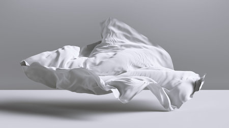 3d render. Abstract fashion background with white cloth falling on the floor inside the empty room. Silk dynamic drapery is blown away by the windの写真素材