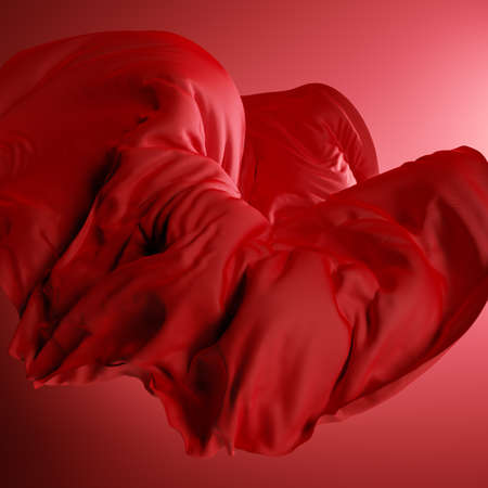 3d render, abstract background with red cloth falling. Silk drapery flies awayの写真素材