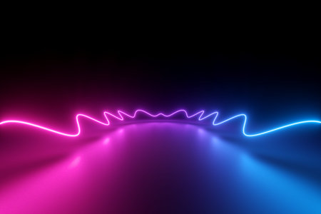 3d render, abstract pink blue neon background with glowing wavy line