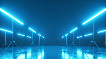 3d render, abstract neon background with fluorescent line lamps glowing with blue light. Empty studio stage for performance showの写真素材
