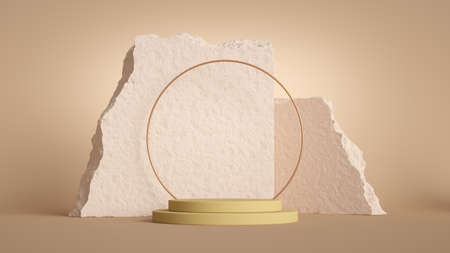 3d render, abstract modern minimal pastel background with empty podium, golden round frame and broken stones and rocks. Showcase scene for product presentationの写真素材