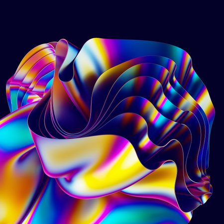 3d render, abstract iridescent colorful background, modern holographic foil layers with folds, rainbow wallpaperの写真素材