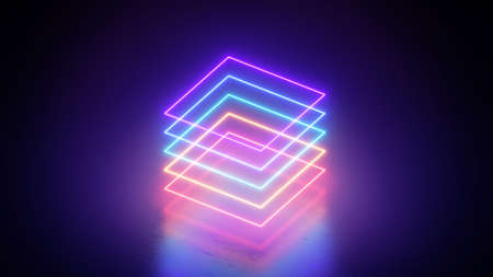 3d render, abstract geometric background with neon squares, colorful glowing linesの写真素材
