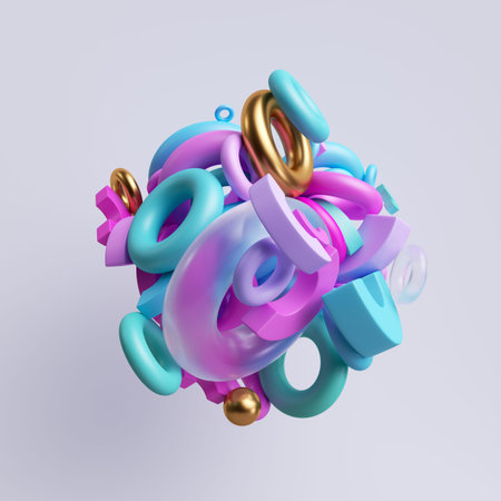 3d render, abstract colorful geometric shapes rings and torus, assorted elements joined together,...