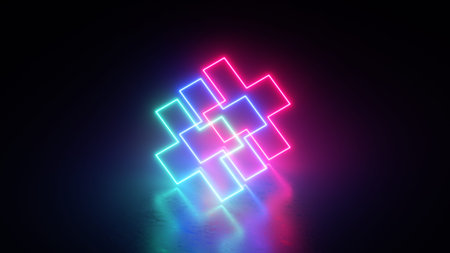 3d render. Abstract neon geometric background with pink and blue lines glowing in the dark