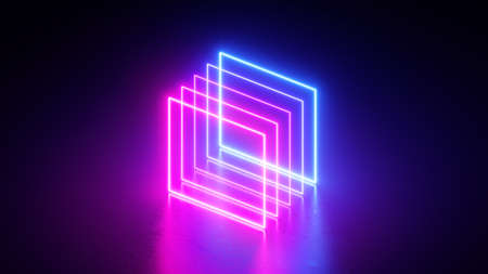 3d render, abstract minimal geometric background with colorful neon squares, pink blue lines glowing in the darkの写真素材