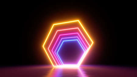 3d render, abstract modern minimal geometric background with neon hexagonal shapes glowing in the dark. Empty stage, showcase with blank frame for product presentationの写真素材