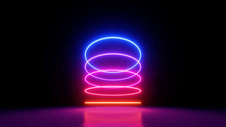 3d render. Abstract background with neon rings, round geometric shapes, colorful spectrum lines glowing in the darkの写真素材