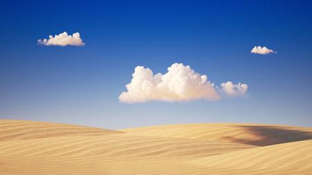 3d render. Desert background, panoramic view. Realistic landscape with white clouds on a blue sky above the sand dunesの写真素材