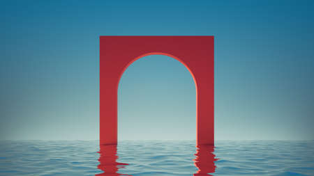3d render. Abstract panoramic background with red arch in the water, under the blue sky. Modern minimal showcase for product presentationの写真素材
