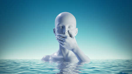 3d render, abstract blue background with white mannequin bust in the water. Woman head with mouth closed with hand. Silence concept, taboo metaphorの写真素材
