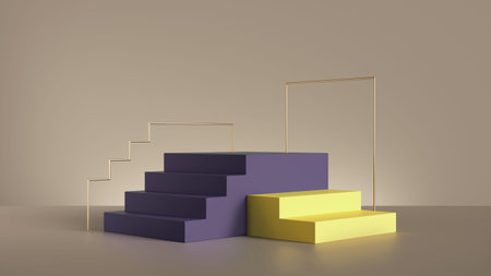 3d render, abstract yellow violet pedestal steps isolated on beige background. Modern minimal showcase scene for product presentationの写真素材
