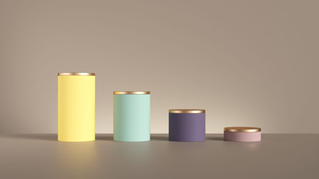 3d render, abstract minimal background with row of colorful cylinders, decreasing graph. Isolated cylinder pedestals, primitive shapesの写真素材