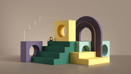 3d render, abstract colorful background with geometric shapes. Playground with steps, blocks and...