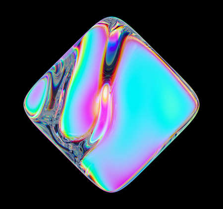 3d render, abstract colorful holographic glass square shape isolated on black backgroundの写真素材