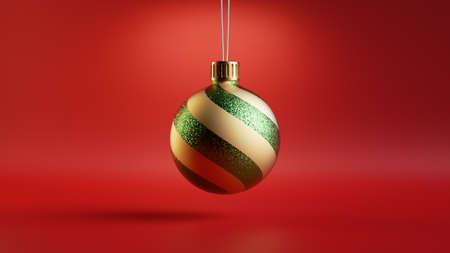 3d render, Christmas greeting card with hanging glass ball isolated on red background. Modern minimal festive wallpaperの写真素材