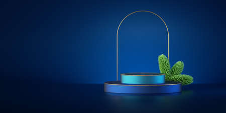 Blue background with golden arch frame and empty podium, decorated with christmas spruce. Modern minimal showcase scene for product presentation. 3d renderの写真素材