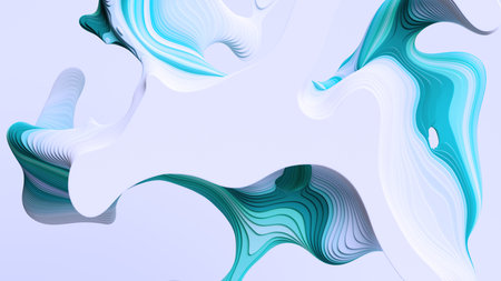 3d render, abstract volumetric white blue background with flat curvy shapes and wavy lines, marbling...