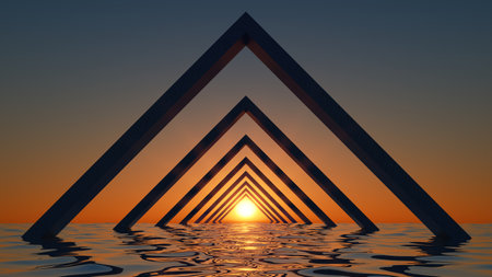 3d render, abstract minimal seascape with corner arches in the water. Background with golden sunsetの写真素材