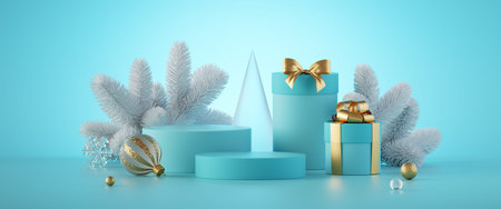 3d render. Abstract scene with Christmas ornaments and gift boxes, isolated on mint blue background....