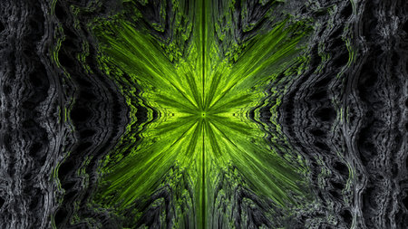3d render, abstract black fractal background illuminated with green neon light, microbiological...