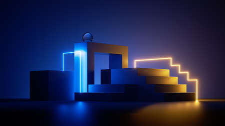 3d render, blue background with abstract geometric shapes glowing with yellow neon light. Modern minimal showcase scene for product presentationの写真素材