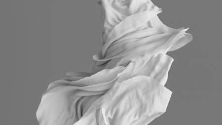 3d render, abstract background with twisted crumpled and folded white drapery, fashion wallpaper with textile macroの写真素材