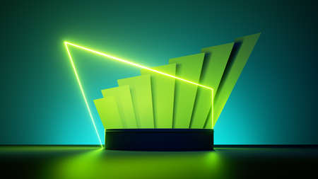 3d render, abstract green neon background with ribbons, glowing line and empty podium. Futuristic showcase with platform for product presentationの写真素材