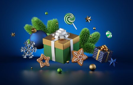 3d render. Levitating Christmas ornaments, gift box, green spruce, isolated on dark blue background. Winter holiday greeting card, horizontal New Year wallpaperの写真素材