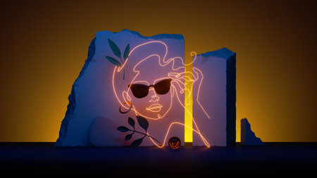 3d render. Abstract woman portrait glowing with blue yellow neon light. Linear art with broken...