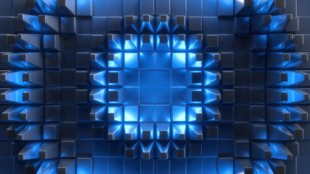 3d render, abstract futuristic background with geometric texture and blue neon glow, cyber technology wallpaperの写真素材